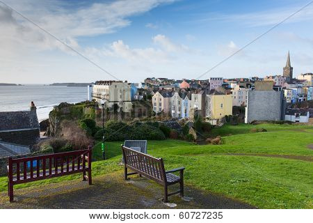 View of Tenby town and harbour Pembrokeshire Wales historic Welsh town