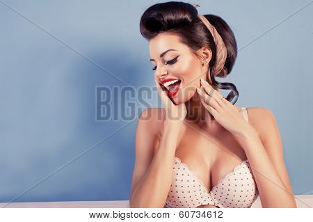 Beauty Smiling Pinup Girl On Blue Wall
