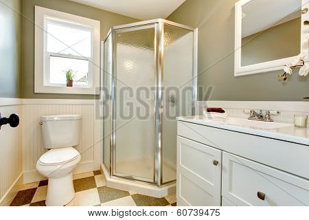 Great Blend Of White Bathroom Cabinets With Olive Walls.