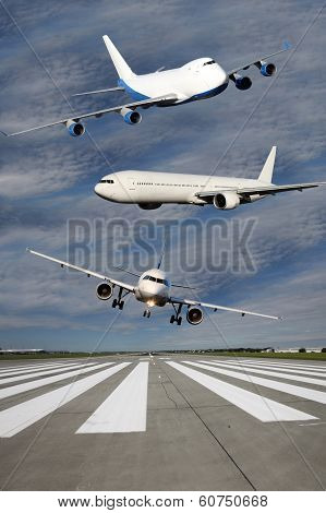 Three Airliners Flying Over Runway