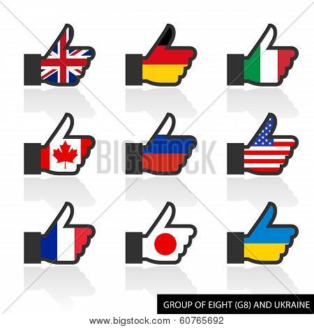 Set of G8 flags with shadow,  thumbs up