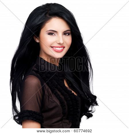Portrait  Of  Young Smiling Woman With Long Brown Hair.
