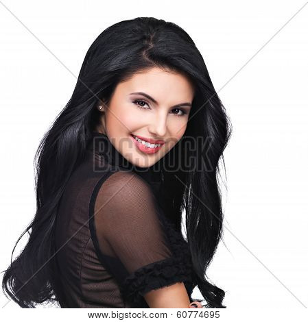 Portrait  Of  Young Smiling Woman With Long Brown Hair.