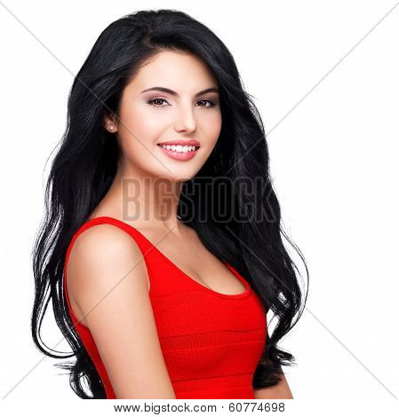 Portrait  Of  Young Smiling Woman With Long Brown Hair.