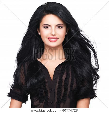 Portrait  Of  Young Smiling Woman With Long Brown Hair.