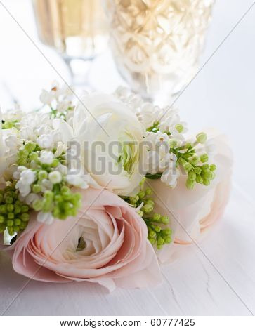 Elegant Bouquet Of Flowers And Two Glasses Of Wine