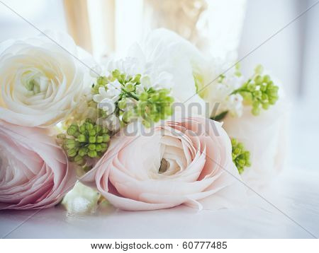 Elegant Bouquet Of Flowers And Two Glasses Of Wine