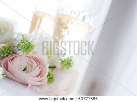 Elegant Bouquet Of Flowers And Two Glasses Of Wine