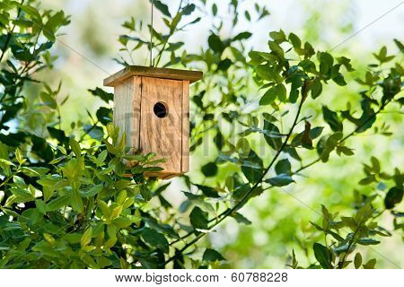 Wooden Birdhouse Hanging In The Tree