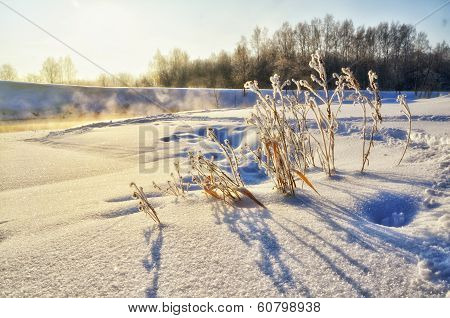 Winter Landscape With Sun And River