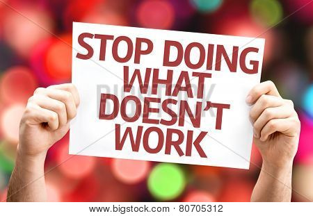 Stop Doing What Doesn't Work card with colorful background with defocused lights
