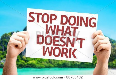 Stop Doing What Doesn't Work card with a beach on background