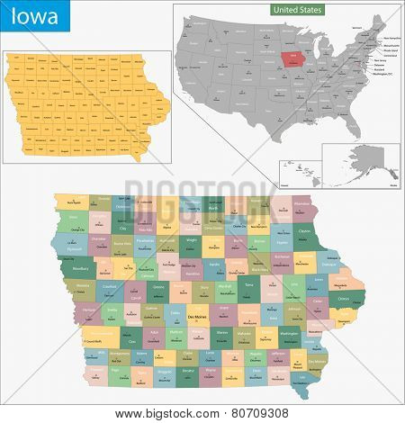 Map of Iowa state designed in illustration with the counties and the county seats