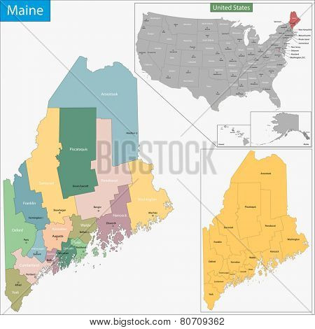 Map of Maine state designed in illustration with the counties and the county seats