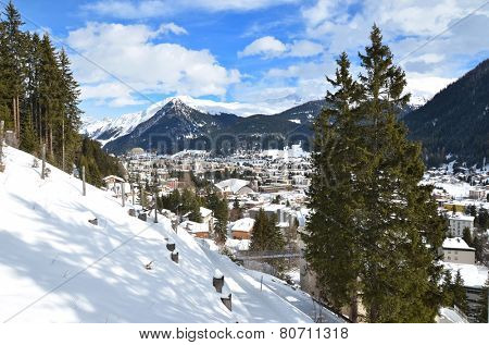 Winter view of Davos, famous Swiss skiing resort 