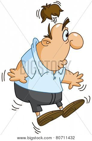 Shocked man jump and revealing bald head under his wig