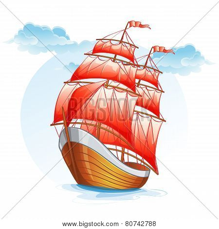Cartoon images of a sailboat with red sails.
