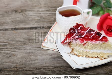 Cup Of Tea, Piece Of Cake And Red Rose