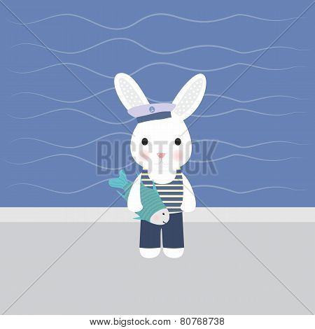 bunny sailor holds in paws fish