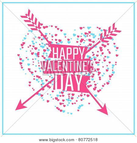 Happy Valentine's day greeting or invitation card with heart of particles and arrows. Vector illustr