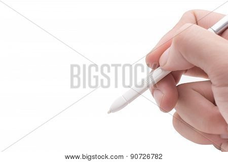 Hand holding digital stylus isolated on white background