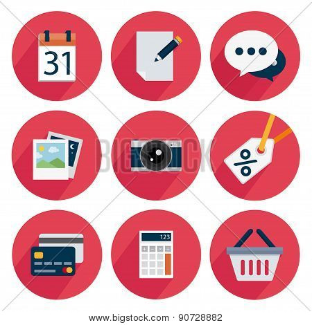 Set icons flat, calendar, edit, chat, photo, camera, discount, card, calc