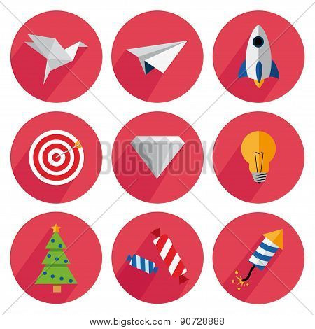 Set icons flat, origami, airplane, rocket, target, diamond, fir-tree, can