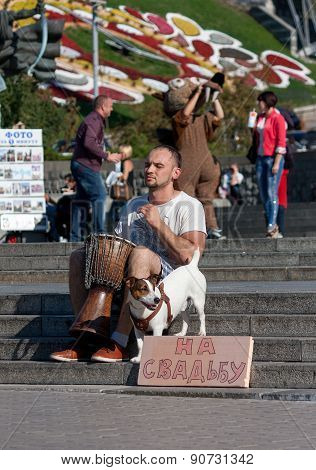Ukraine, Kiev - September 10,2013: The Guy Playing The Djembe, Collecting Money For The Wedding