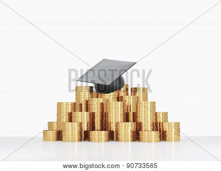 Graduation Hat Is Laying On The Coins Pyramid. A Concept Of A High Price For The University Educatio