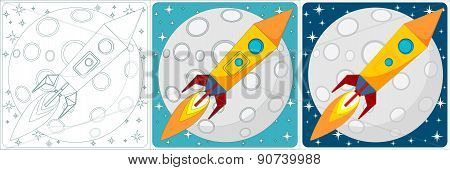 Space rocket on moon background. Set. Vector