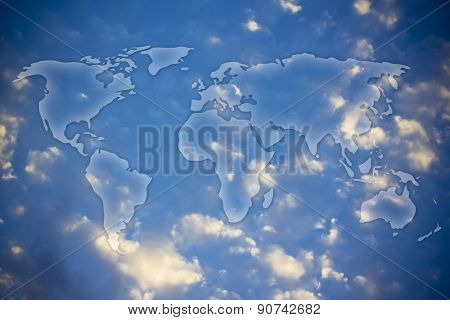 World Map Overlay In Semi-transparence Over A Sky Background