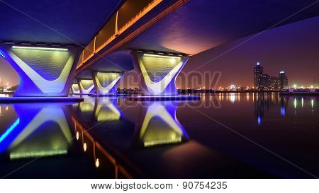Garhoud Bridge from base at night with long exposure, Dubai