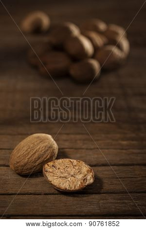 Close up and selective focus on a dried Nut Meg