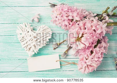 Postcard With Hyacynths, Willow , Heart And Empty Tag