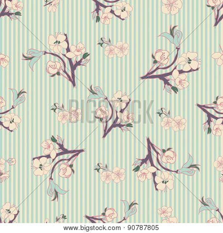 Flowering Hand Drown Cherry Blossom Seamless. Vintage Background