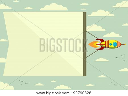 Rocket with a banner in the sky, vector illustration