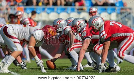 VIENNA, AUSTRIA - MAY 26, 2014: Team Austria face the Claremont McKenna Stags at the line of scrimmage.