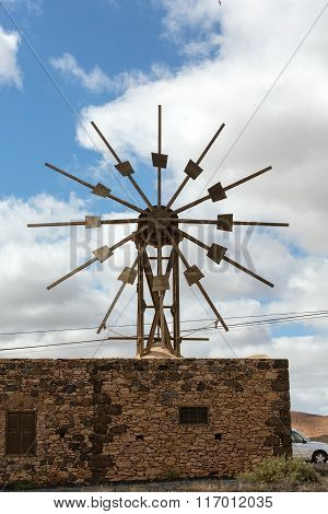 Historic Wooden Wind Mill In Valles De Ortega With Twelve Wings On The Spanish Island Fuerteventura 