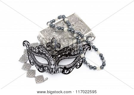 Black Carnivale Mask With Silver Bracelet And Box, And Pearl Neclace Isolated On White