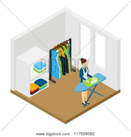Household Chore Ironing Isometric Pictogram Banner