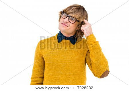 Portrait of confused hipster on white screen