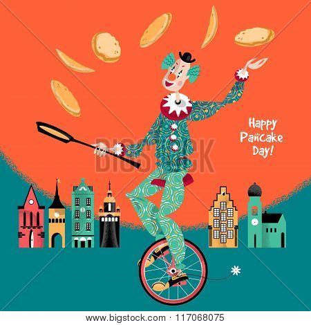 ?lown On Unicycle Juggling Pancakes.