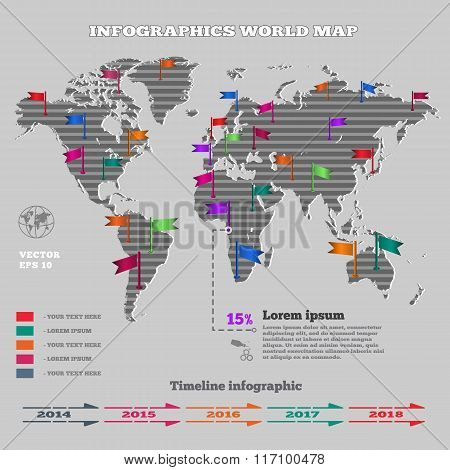 World map pattern. Gray striped silhouette on light gray background. Texture with infographic, flag,