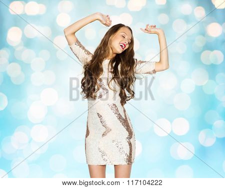 happy young woman or teen girl in fancy dress