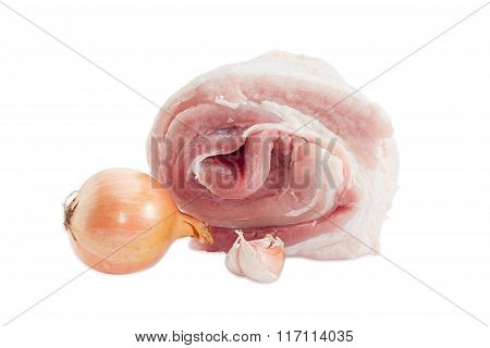 Roll Of A Uncooked Pork Belly, Onion And Garlic