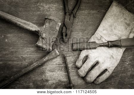 Still life with dirty tools on hard work