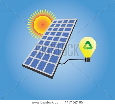 Solar Panel Isolated With Sun And Light Bulb Vector
