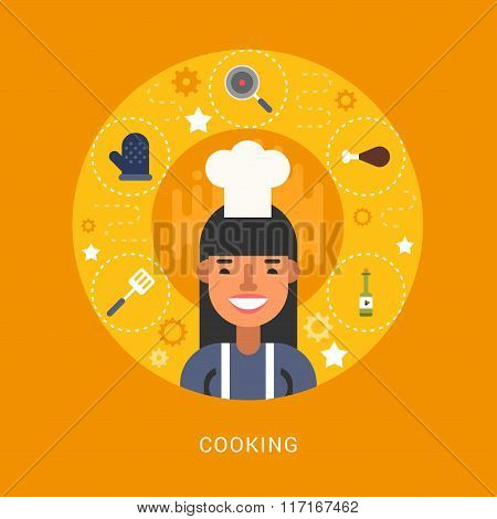Food Icons And Objects In The Shape Of Circle. Chef. Female Cartoon Character. Vector Illustration I
