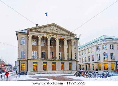 COPENHAGEN DENMARK - JANUARY 5 2011: Danske bank in Copenhagen in winter. The name literally means Danish Bank. It is the largest bank in Denmark with its headquarter in Copenhagen.