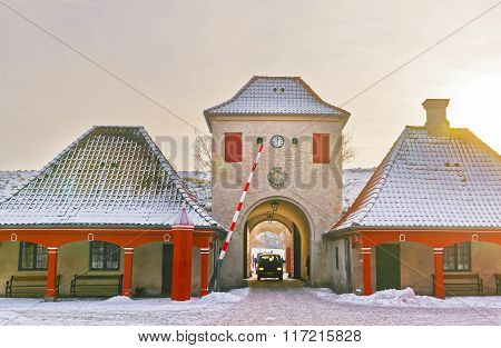 North Gate at Kastellet in Copenhagen Denmark in winter. Kastellet is one of the best preserved star fortresses in Northern Europe. It is constructed in the form of a pentagram with bastions.